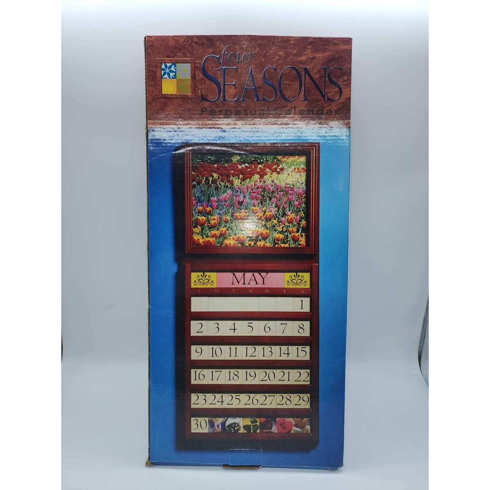 Four Seasons Perpetual Calendar Wooden Wall Decor Interchangeable Tiles Floral